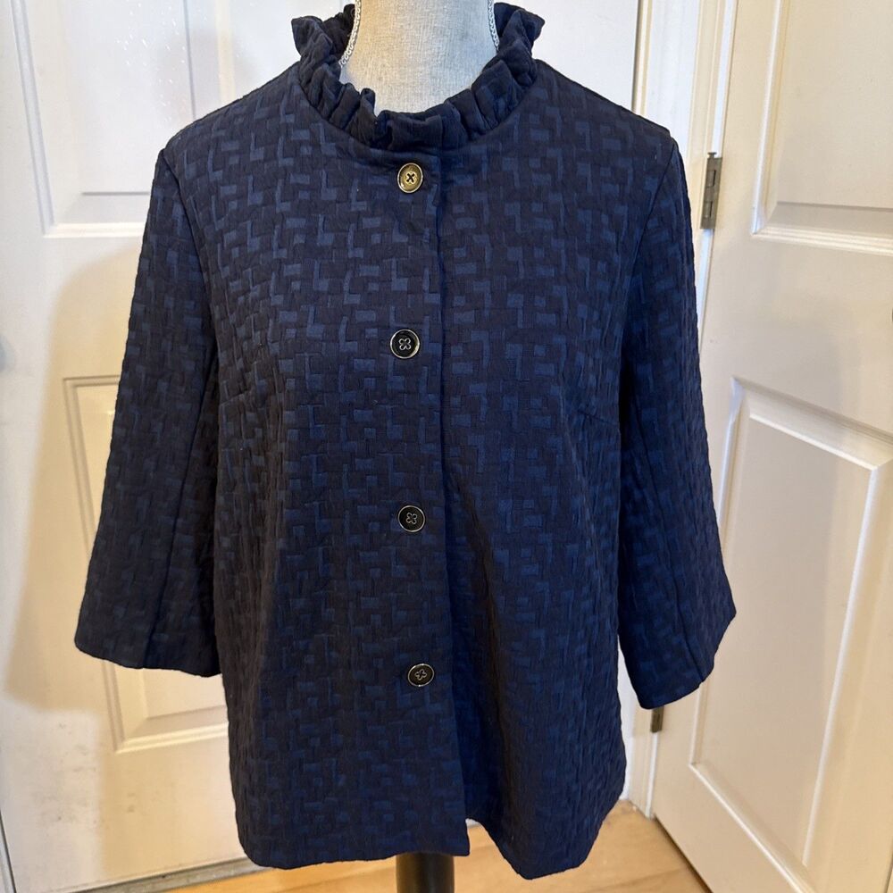 BLUE & BLACK Appleseeds Basketweave Print Cotton Blend Coat Size L With Pockets